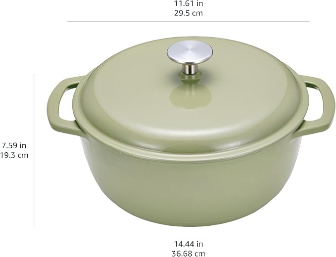 Amazon Basics Cast Iron Dutch Oven Pot with Lid, Enameled, Round, Dual Handles, Heavy-Duty, Large, 7.3-quart, Olive