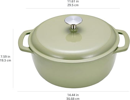 Amazon Basics Cast Iron Dutch Oven Pot with Lid, Enameled, Round, Dual Handles, Heavy-Duty, Large, 7.3-quart, Olive