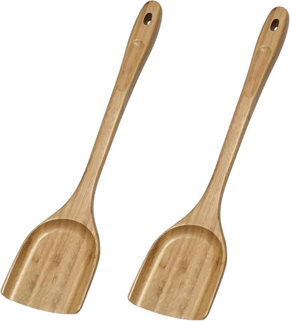 GEEKHOM Flat Wooden Spatula Teak Turners : 13 Inch Bamboo Utensils for Nonstick Cookware, Pancake Fish Egg Flipper, Stirring Serving Scraping 2 PCS