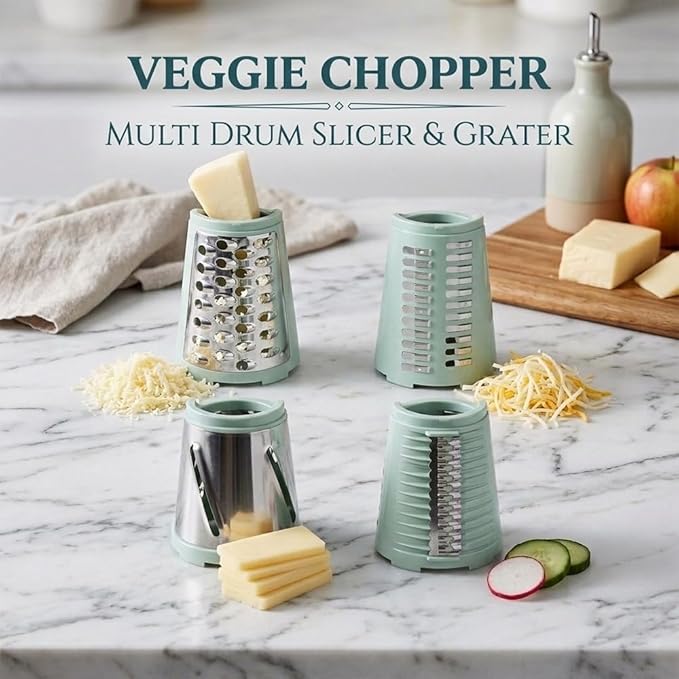 Rotary Cheese Grater Hand Crank, 5-Blade Shredder with Handle, Vegetable Slicer Mandoline Food Chopper, Strong Suction Base Kitchen Gadget for Cheese Vegetables Nuts – Green