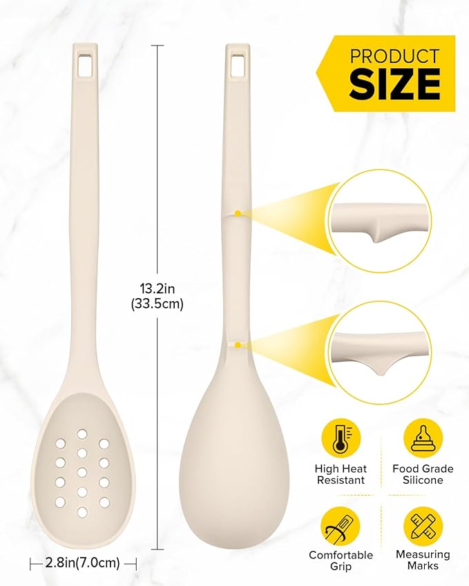 Pack of 2 Silicone Cooking Spoons, Non Stick Solid Kitchen Spoon with Measuring Marks & Back Hooks, Heat Resistant Silicone Slotted Spoon for Cooking, Mixing, Stirring,Serving(KHAKI)