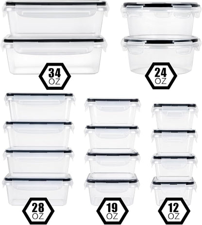 FOOYOO 32 Piece Food Storage Container with Lids (16 Containers + 16 Lids) - Plastic Food Containers with Lid, Airtight Leak Proof Snap Lock, BPA Free Storage Containers