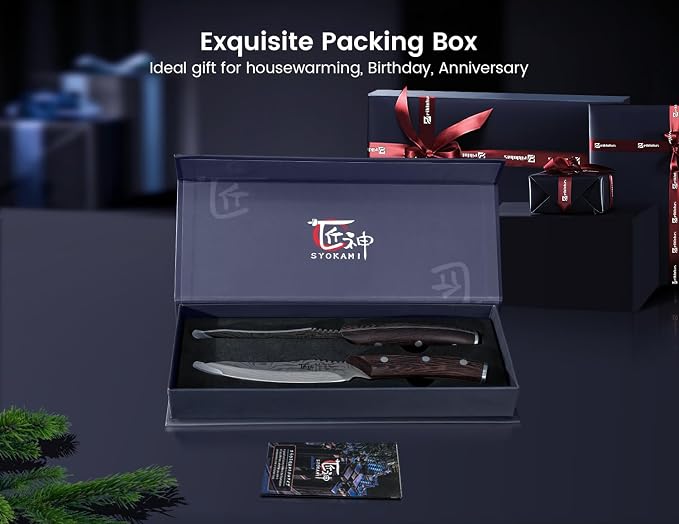 SYOKAMI Steak Knives Set of 2, 4.8 Inch High End Japanese Style Fine Edge Meat Knife with Wood Handle, Damascus Pattern Full Tang Design, Super Sharp Dinner Knives with Exquisite Box, Cooking Gifts