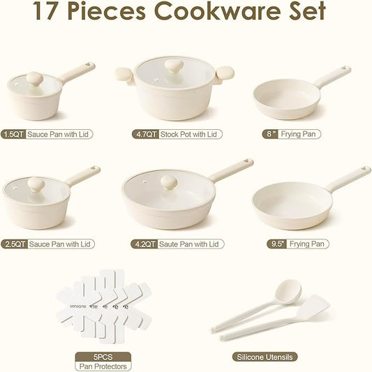 SENSARTE Ceramic Nonstick Pots and Pans Set 17pcs, Healthy Induction Cookware Set, Nontoxic Kitchen Cooking Set with Skillets & Saucepans, Stay-cool Handles, PFAS PTFE PFOA PFOS Free, Cream White