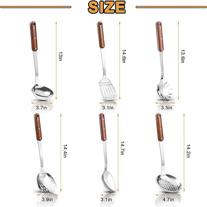 FJNATINH Stainless Steel Cooking Utensils Set, Mirror Polished 6 Pieces Kitchen Utensils Set, Kitchen Tools Set With Wooden Handle Non-Stick Heat Resistant,Dishwasher Safe, Easy to Clean