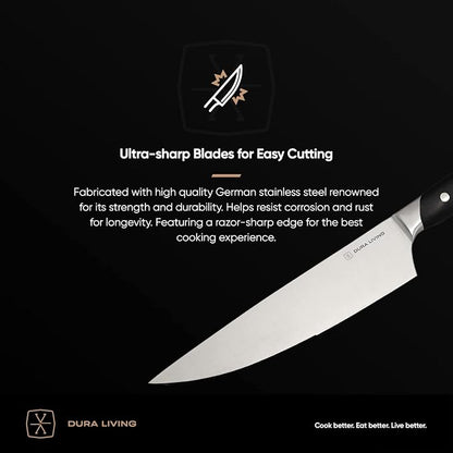 DURA LIVING 2-Piece Kitchen Knife Set – Ultra Sharp Precision German Stainless Steel Blades, 5” Utility & 3.5” Paring Knife with Ergonomic Handles, Multipurpose for Slicing & Peeling, Black Handle