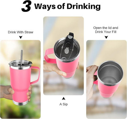 20 oz Tumbler with Handle, Stainless Steel Insulated Tumbler with Lid and Straw, Double Wall Vacuum Coffee Mug Tumbler, Insulated Coffee Thermal Cup for Cold and Hot (Rose Red, 20 Ounces)