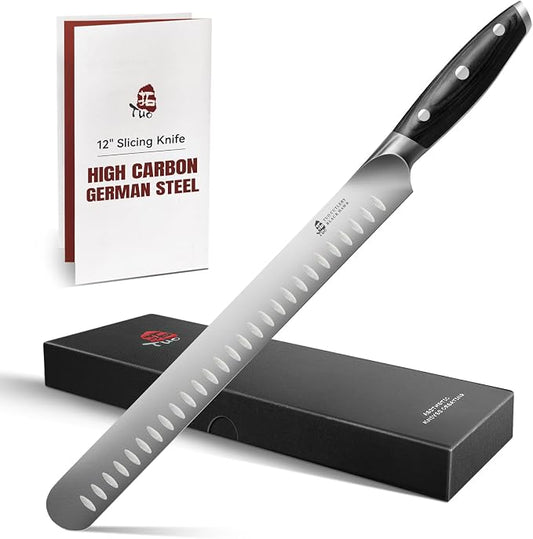 TUO Carving Knife, 12 inch Brisket Knife for Cutting Smoked Meat, Slicing Through Roast & Large Raw Meat Chunks, Full Tang Handle, German High Carbon Steel - Black Hawk Series