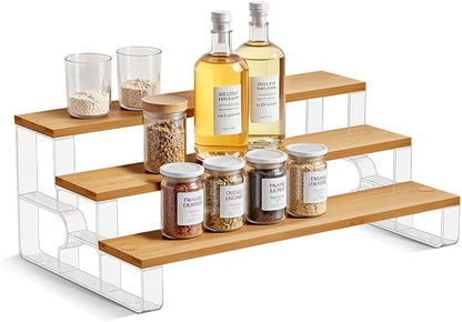 junyuan Spice Rack Organizer for Cabinet,3 Tier Spice Organization for Kitchen,Bathroom Organizers and Storage,Seasoning Countertop Shelf,Bamboo Display Shelves Racks,Clear 14"