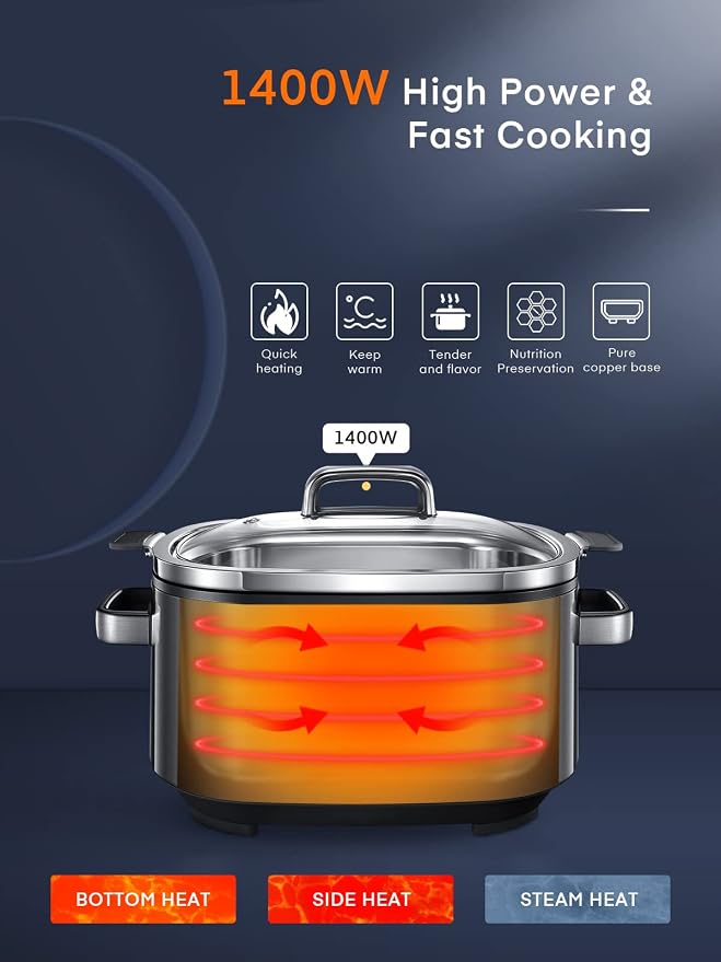 HOUSNAT Slow Cooker, 10 in 1 Programmable Slow Cooker 6QT 304 Stainless Steel Inner Pot, Multi-Cooker with Rice, Yogurt, Sauté, Steam, Delay Start & Adjustable Temp – for Large Families & Entertaining