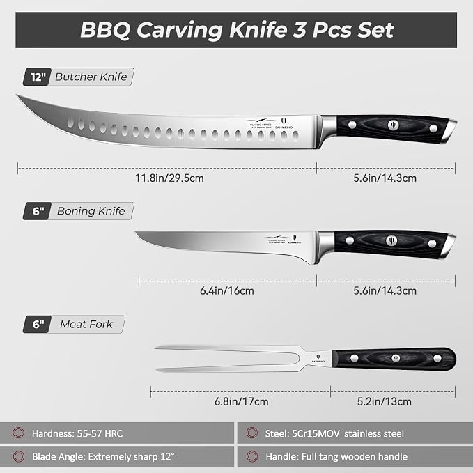 3Pcs Carving Knife Set with Sheath – for Turkey, Meat, BBQ, Brisket, Razor Sharp Slicing Knife, Professional 5Cr15MoV Stainless Steel, Ergonomic Full Tang Wood Handle, Gift Box Included