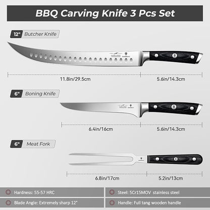 3Pcs Carving Knife Set with Sheath – for Turkey, Meat, BBQ, Brisket, Razor Sharp Slicing Knife, Professional 5Cr15MoV Stainless Steel, Ergonomic Full Tang Wood Handle, Gift Box Included