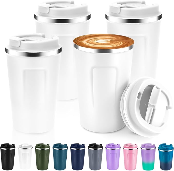 Volhoply 12 oz Double Wall Insulated Vacuum Travel Coffee Mug with Flip Lid Bulk 4 Pack,Reusable Stainless Steel Leak Proof Coffee Cups,Portable Cafe Thermal Tumbler for Hot & Cold Drinks(White,4 Set)