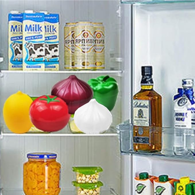 OUKEYI Fruit and Vegetable Storage Container Sets: Green Pepper, Onion, Tomato, Lemon, Garlic Keeper - Reusable, Transparent, BPA Free, Dishwasher Safe