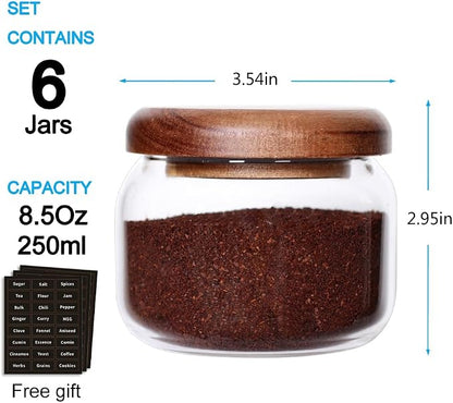 SAIOOL Kitchen Canisters Set of 6-8.5oz Glass Spice Jars With Acacia Airtight Lid and Labels Round Spice Bottles for kitchen Seasoning Baby Food Kids Snacks Meal Prep Containers Candle