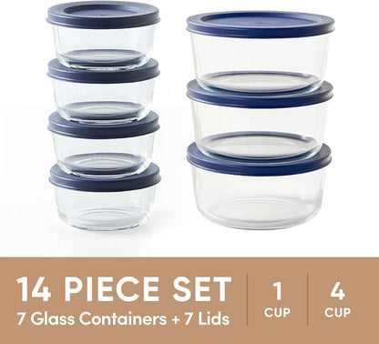14-Piece Glass Food Storage Containers Set (7 Containers + 7 BPA-Free Lids) | 1-Cup & 4-Cup, Leakproof | Microwave, Freezer, Oven & Dishwasher Safe | Ideal for Meal Prep & Pantry Organization, Blue