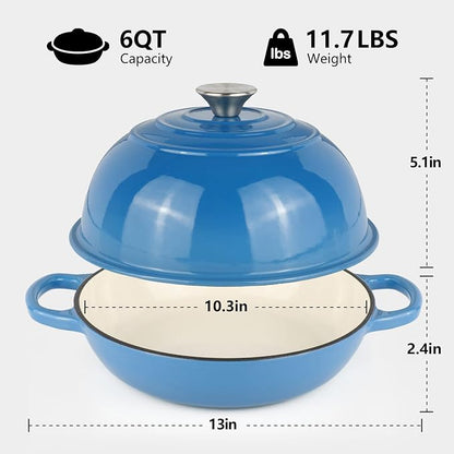 6QT Bread Dutch Oven Pot with Lid, Enameled Cast Iron Dutch Oven for Sourdough Bread Baking, Roasting, Stewing and Soup, Non-Stick Enamel Cookware for Oven/Stovetop, Perfect for Homemade Bread, Blue