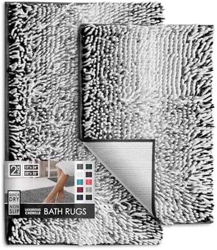 Hearth & Harbor Bathroom Rugs, Chenille Bath Mat - Machine Washable Bath Mats for Bathroom Non-Slip Backing Rubber, Quick Dry Bathroom Mat, 17 x 24 + 20 x 32 - Ombre Black