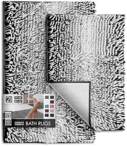 Hearth & Harbor Bathroom Rugs, Chenille Bath Mat - Machine Washable Bath Mats for Bathroom Non-Slip Backing Rubber, Quick Dry Bathroom Mat, 17 x 24 + 20 x 32 - Ombre Black