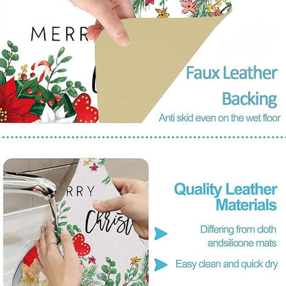 Baccessor Poinsettia Christmas Dish Drying Mat with 4PCS Coasters,2PCS Kitchen Bar Mat Coffee Mat Accessories Fits Under Coffee Maker and Pot,Holly Winter Farmhouse Bar Mat Detachable