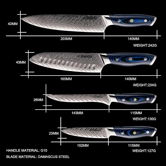 Seido Knives 4-Piece Kanpeki VG10 Damascus Steel Knife Set - Professional Chef Knife Set with Blue Handle - Includes Chef Knife