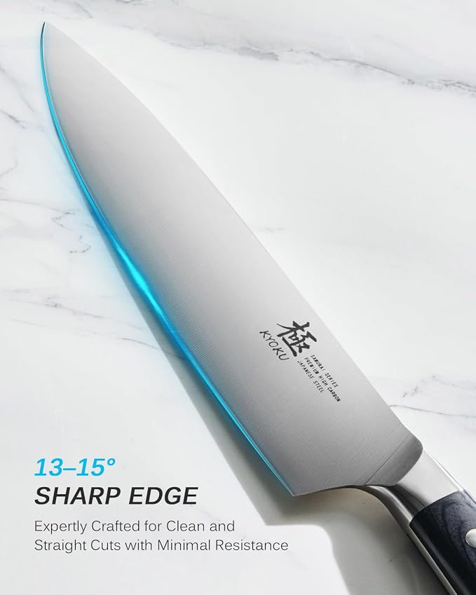 KYOKU 8" Chef Knife, Samurai Series Meat Cutting Knife with Pakkawood Handle & Mosaic Pin, Japanese Style High Carbon Steel Knives, Full Tang knives for Vegetable Fruit with Sheath and Case