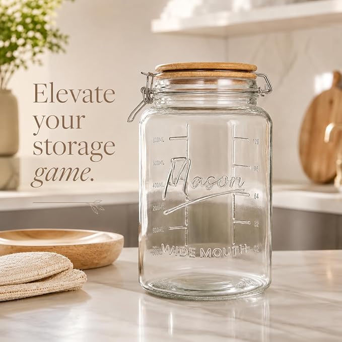 kitchentoolz 1 Gallon Mason Jars Wide Mouth with Airtight Bamboo Lid – 1 Gallon Glass Jar with Lid – Large Mason Jars with Lids for Kitchen Pantry, Storage, and Canning