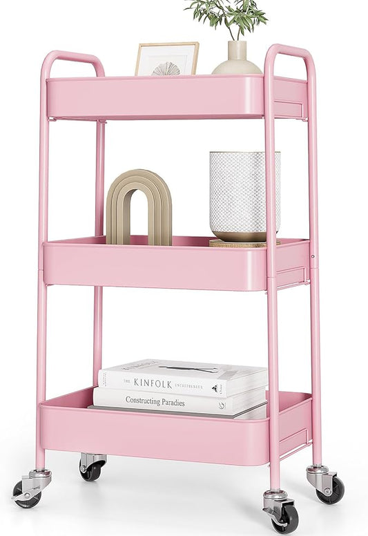 TOOLF 3-Tier Rolling Cart - Metal Utility Storage Organizer with Lockable Wheels, 33 lbs Per Shelf, Tool-Free 5-Min Assembly, for Kitchen Bathroom Office Nursery Craft Room, Pink