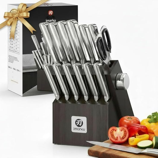 imarku 14-Piece Knife Set with Block, One Set for Meat, Fish, Veggies & Bread, Glides Through Every Cut, High Carbon Stainless Steel with Built-in Sharpener, Dishwasher Safe,Ergonomic Non-Slip Handle