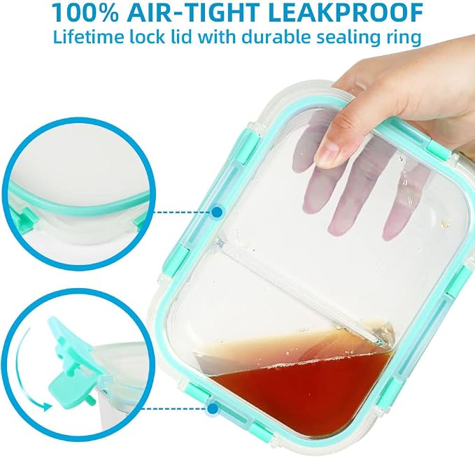 DAS TRUST 3 Pack Food Storage Containers 2 Compartments Glass Meal Prep Containers with Lids for Adult Food Prep Container with Dividers Reusable Lunch Bento Box
