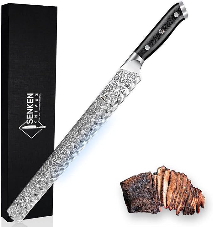 SENKEN 12" Damascus Steel Brisket Knife - Shogun Collection - 67-Layer Japanese VG10 Steel w/Full-Body G10 Military Grade Handle - Ultra Sharp Carving Knife for Brisket, Meat, Roasts, and Large Fruit