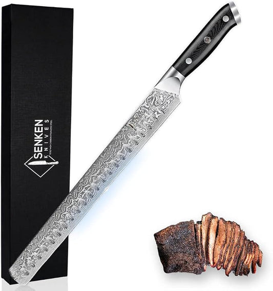 SENKEN 12" Damascus Steel Brisket Knife - Shogun Collection - 67-Layer Japanese VG10 Steel w/Full-Body G10 Military Grade Handle - Ultra Sharp Carving Knife for Brisket, Meat, Roasts, and Large Fruit