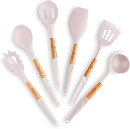 Silicone Cooking Utensils Set 6 Piece – Heat Resistant up to 480°F, BPA Free & Non-Scratch Kitchen Tools with Natural Wood Handles, White