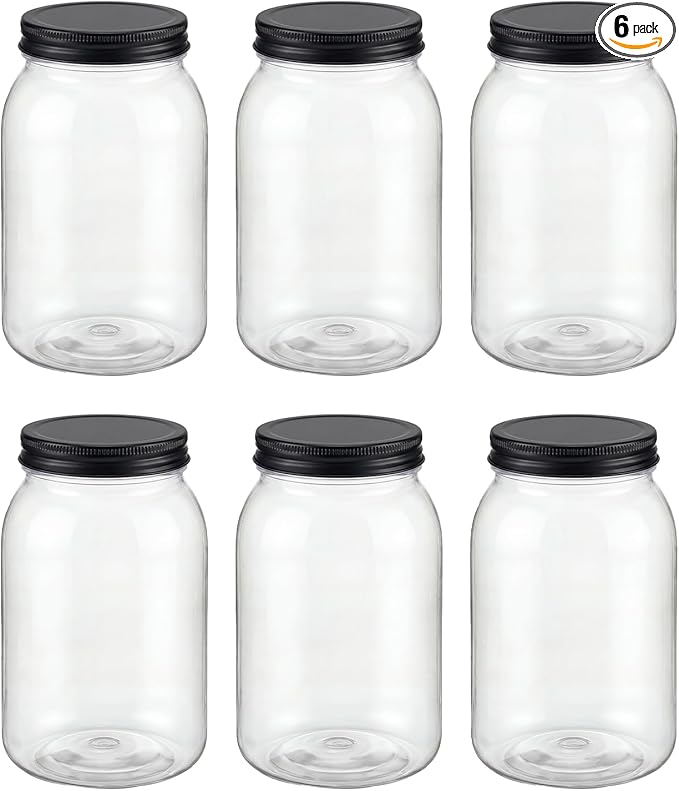 novelinks 32 oz Clear Plastic Jars with Lids, 6 Pack Large Plastic Mason Jars with Lids 32oz, Reusable Quart Containers for Kitchen Organization (6 Pack,Black)