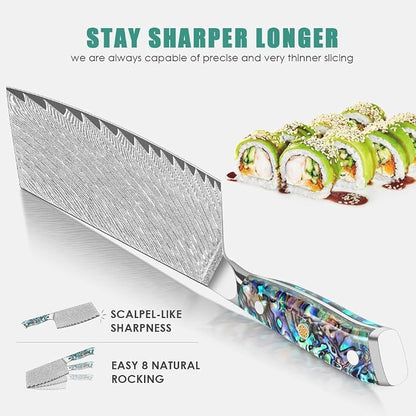 KEENZO Meat Cleaver Knife 7 inch, Razor Sharp Professional Chef Knife, Hand Forged Kitchen Knives, Japanese 67-Layers Damascus Steel Cooking Knife, Ergonomic Abalone Shell Resin Handle,Gift Box