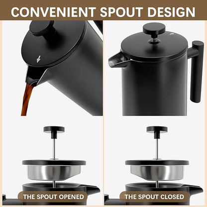 French Press Coffee Maker, 304 Grade Stainless Steel French Press with 2 Extra Filters for Home, Office, Travel, Camping - 34OZ/2 Litre (Black)