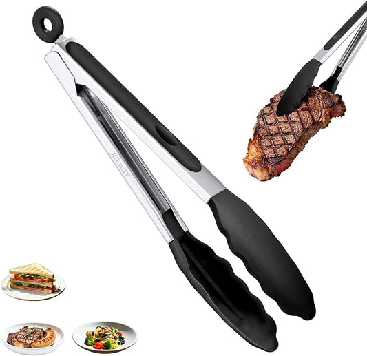 Silicone Salad Tongs - 9 Inch, 304 Stainless Steel Core & Non-Slip Grip, Black Color, Kitchen Utensils for Grilling Salad