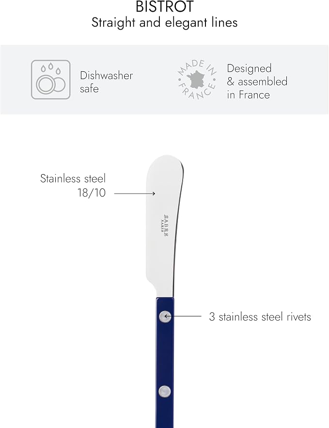 Sabre Paris - Set of 2 Spreader Knives 5.5 inches - Bistrot Collection - Perfect for Butter, Tapenades, Spreads - Stainless Steel & Nylon - Dishwasher Safe - Navy Blue - Brilliant Finish