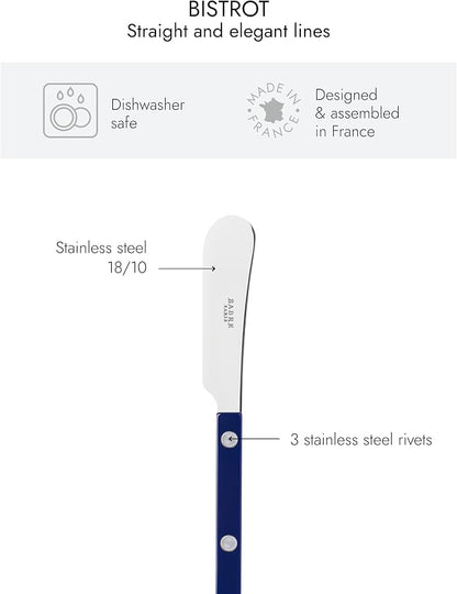 Sabre Paris - Set of 2 Spreader Knives 5.5 inches - Bistrot Collection - Perfect for Butter, Tapenades, Spreads - Stainless Steel & Nylon - Dishwasher Safe - Navy Blue - Brilliant Finish