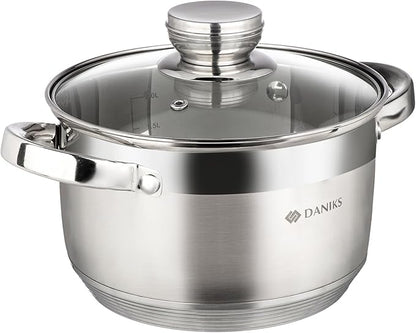 Daniks Standard 3 Quart Stainless Steel Stock Pot with Glass Lid, Tri-Ply Bottom for Even Heating, Induction Compatible, Dishwasher Safe, Built-In Measuring Scale, Silver