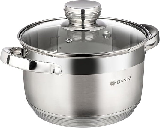 Daniks Standard 3 Quart Stainless Steel Stock Pot with Glass Lid, Tri-Ply Bottom for Even Heating, Induction Compatible, Dishwasher Safe, Built-In Measuring Scale, Silver