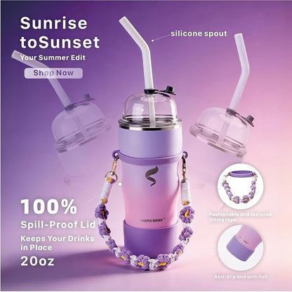 20oz Insulated Tumbler with Straw & Lid, Stainless Steel Vacuum Travel Mug, Handwoven Strap, Non-Slip Boot, Spill Proof, Pink Blue Purple Gradient