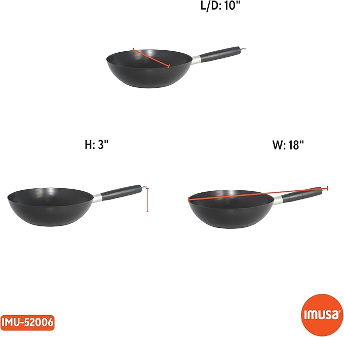 IMUSA Carbon Steel Nonstick Wok 9.5 in Flat Bottom Wok Pan for Electric Stove with Cool Touch Handle, Black Coating, Lightweight Steel Wok for Stir Fry and Fried Rice