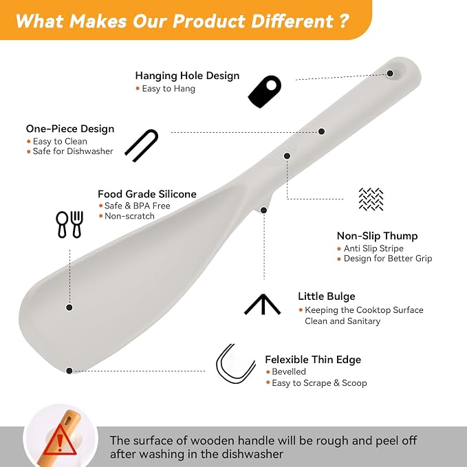 12.6" Extra Long Silicone Spatula Spoon for Nonstick Cookware, Seamless One-Piece Design Cooking Spoon with Built-in Tool Rest for Mixing, Scoop and Scrape, Dishwasher Safe, Black & Khaki