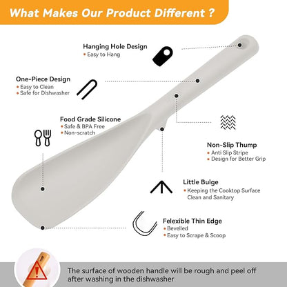 12.6" Extra Long Silicone Spatula Spoon for Nonstick Cookware, Seamless One-Piece Design Cooking Spoon with Built-in Tool Rest for Mixing, Scoop and Scrape, Dishwasher Safe, Black & Khaki