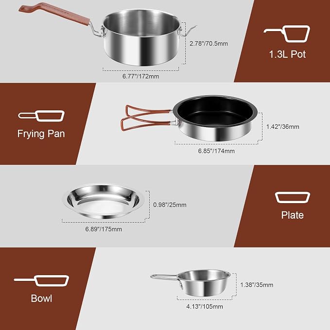 Odoland 10pcs Camping Cookware Stainless Steel Camping Pot and Pan Set with Plate Bowl Fork Knife Spoon for Backpacking, Hiking, Outdoor Cooking and Picnic