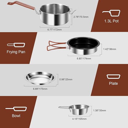 Odoland 10pcs Camping Cookware Stainless Steel Camping Pot and Pan Set with Plate Bowl Fork Knife Spoon for Backpacking, Hiking, Outdoor Cooking and Picnic