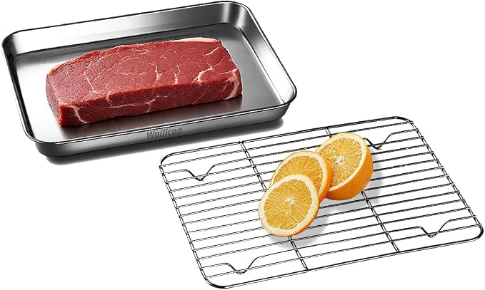 2-in-1 Stainless Steel Baking Sheet with Cooling Rack, Food Grade Oven Pan, Oven Safe, Warp Resistant, Heavy Duty, Easy Clean, Dishwasher Safe, for Baking, Roasting, Cooling, Draining Oil
