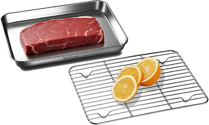2-in-1 Stainless Steel Baking Sheet with Cooling Rack, Food Grade Oven Pan, Oven Safe, Warp Resistant, Heavy Duty, Easy Clean, Dishwasher Safe, for Baking, Roasting, Cooling, Draining Oil