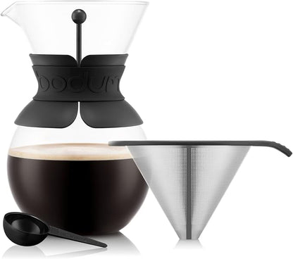 Bodum 34oz Pour Over Coffee Maker, High-Heat Borosilicate Glass with Reusable Stainless Steel Filter and Black Band Grip - Made in Portugal